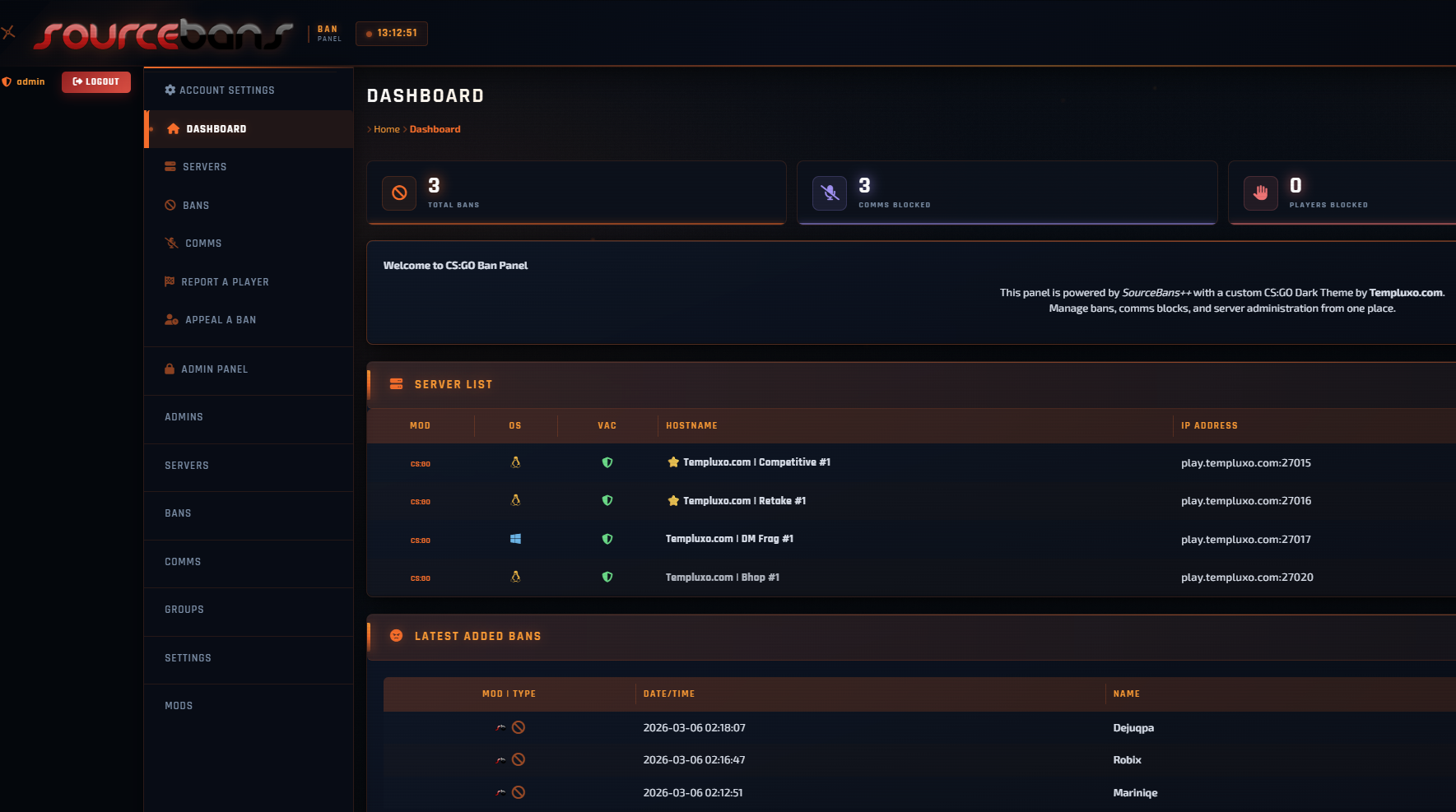 CS:GO SourceBans++ Theme Nexus | Dark Dashboard, HUD