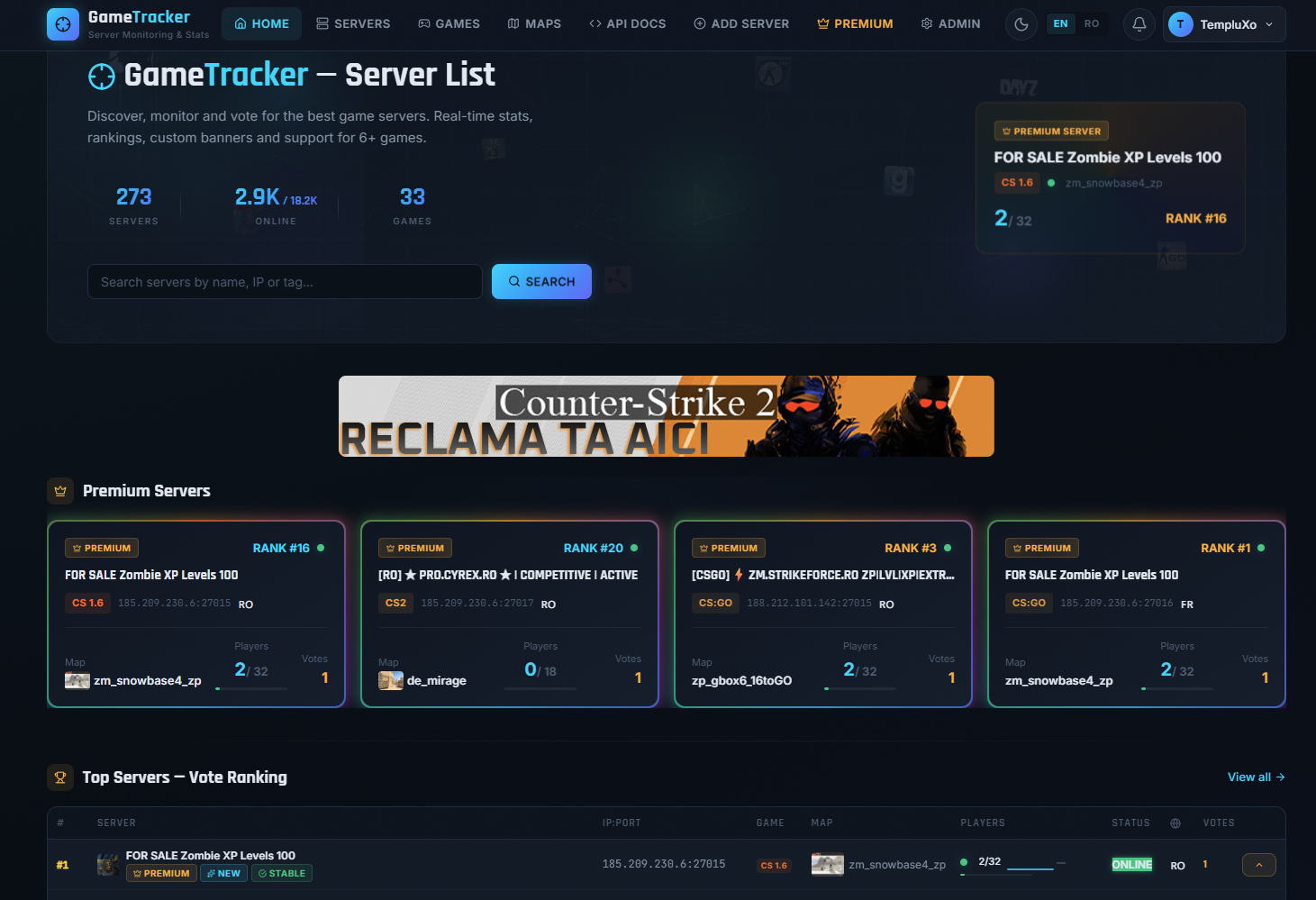 GameTracker — Server List + Monitoring